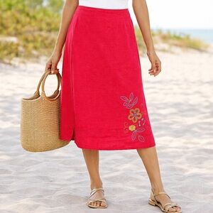 Vintage 100% Linen Embroidered Reddish Pink Skirt Size 10